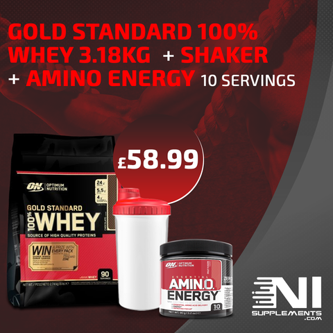 Gold Standard 100% Whey 3.18kg 100+ servings + Shaker + 10 servings Amino Energy